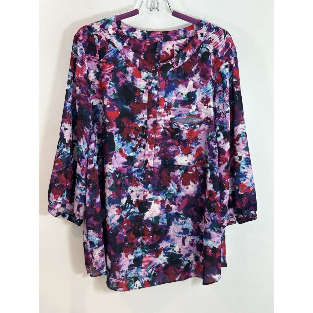 NYDJ Women 3/4 Sleeve Crew Neck 1/2 Button-Up Blouse Purple Size 1X
